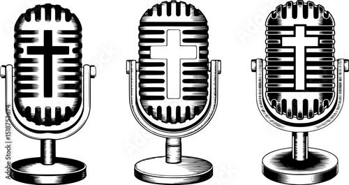 Vintage Microphone with Christian Cross Vector | Bible-Inspired Line Art | Christian mic |  Romans 10:17, Matthew 28:19-20, Psalm 96:3, 2 Timothy 4:2