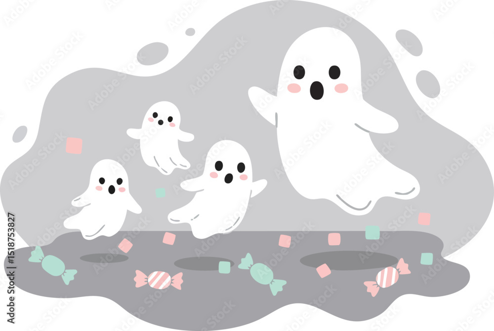 Obraz premium Cute ghosts floating with colorful candy and confetti in playful Halloween night scene vector illustration 