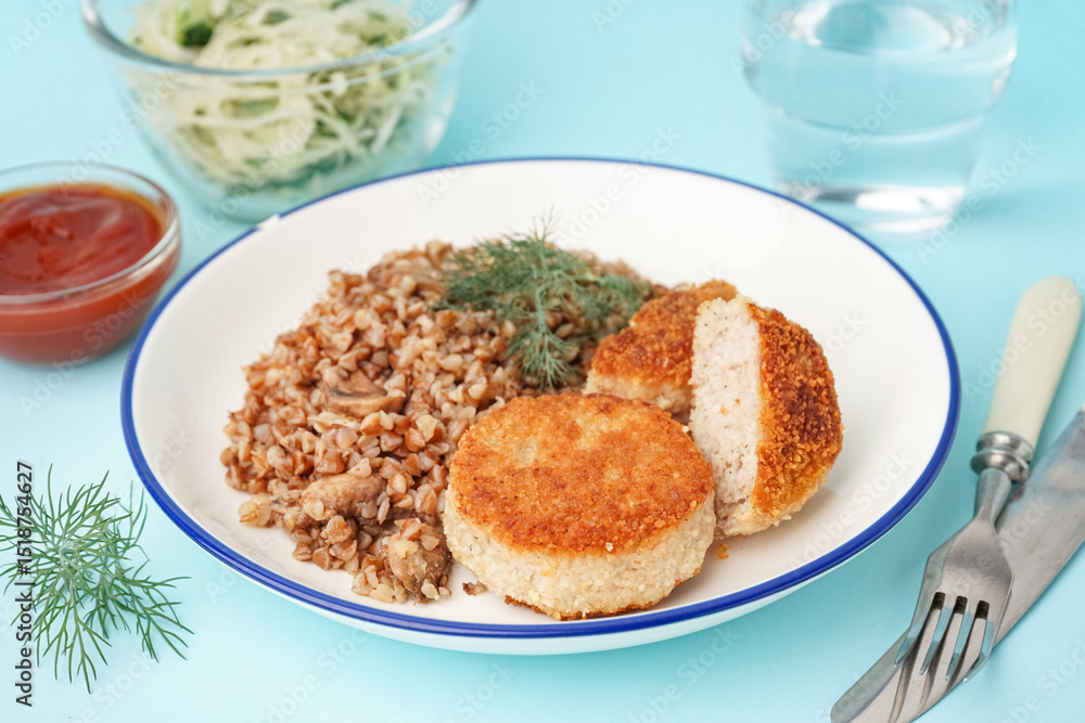 Plate of tasty meat cutlets with buckwheat on blue background Plate of tasty meat cutlets with buckwheat on blue background