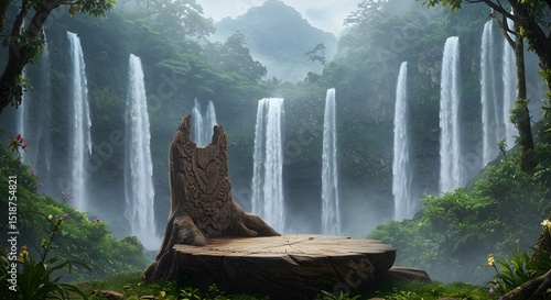 Fototapeta Naklejka Na Ścianę i Meble -  Enchanted Waterfall Sanctuary Mystical Forest Throne Podium Product Display