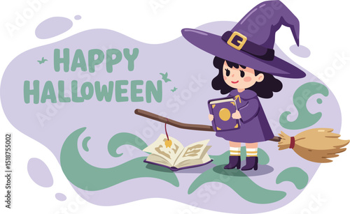 Cute little witch casting magic with spellbook and broomstick happy Halloween illustration in purple outfit 