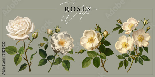White  roses isolated on a neutral background. Vintage painting style illustration.