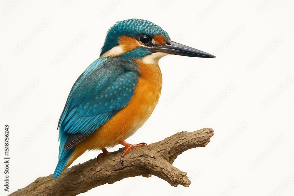 Vibrant Kingfisher Perching on Branch Against White Vibrant Kingfisher Perching on Branch Against White