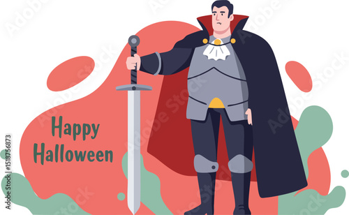 Vampire character with sword and cape celebrating Halloween in costume vector illustration 