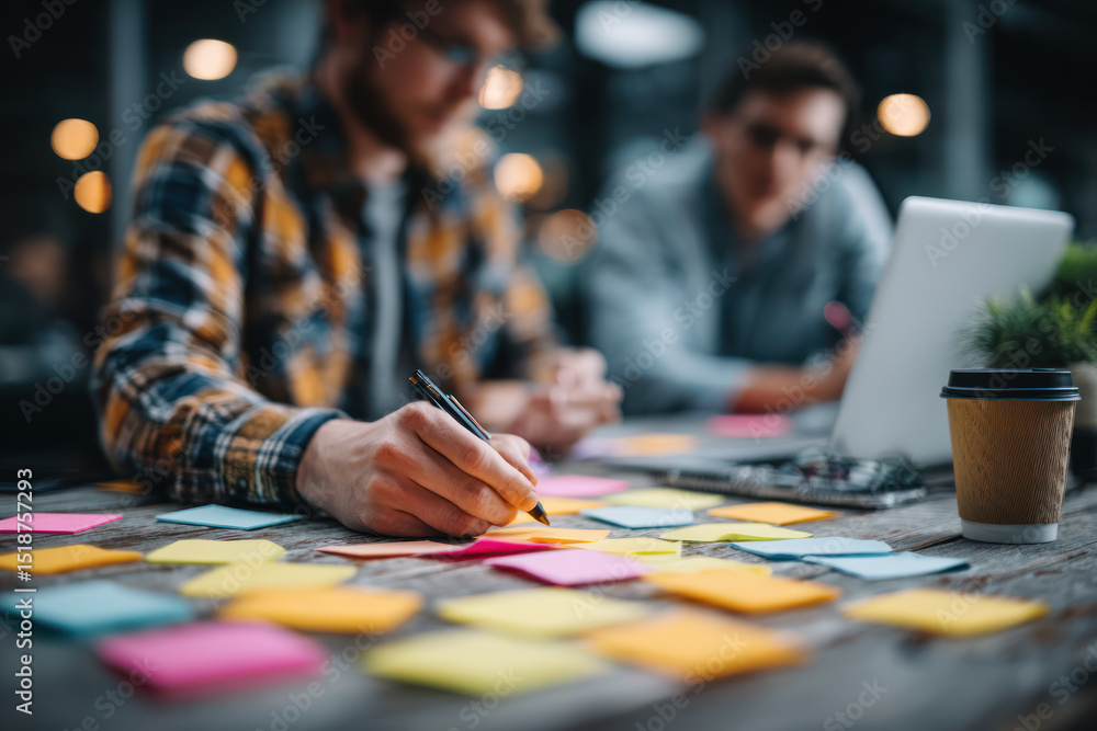 Fototapeta premium Brainstorming startup ideas with colorful sticky notes wooden table shows early seed phase of crowdfunding and funding for capital finance growth.