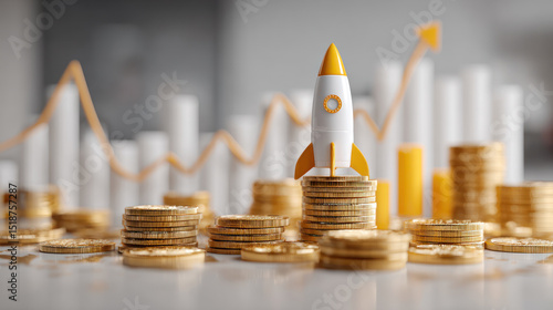 Crowdfunding and startup funding boost seed capital and finance growth shown by rocket on coin stacks with rising graph in background.