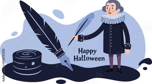Shakespeare character writing Happy Halloween text with quill pen and inkpot vector illustration in black and blue tones 