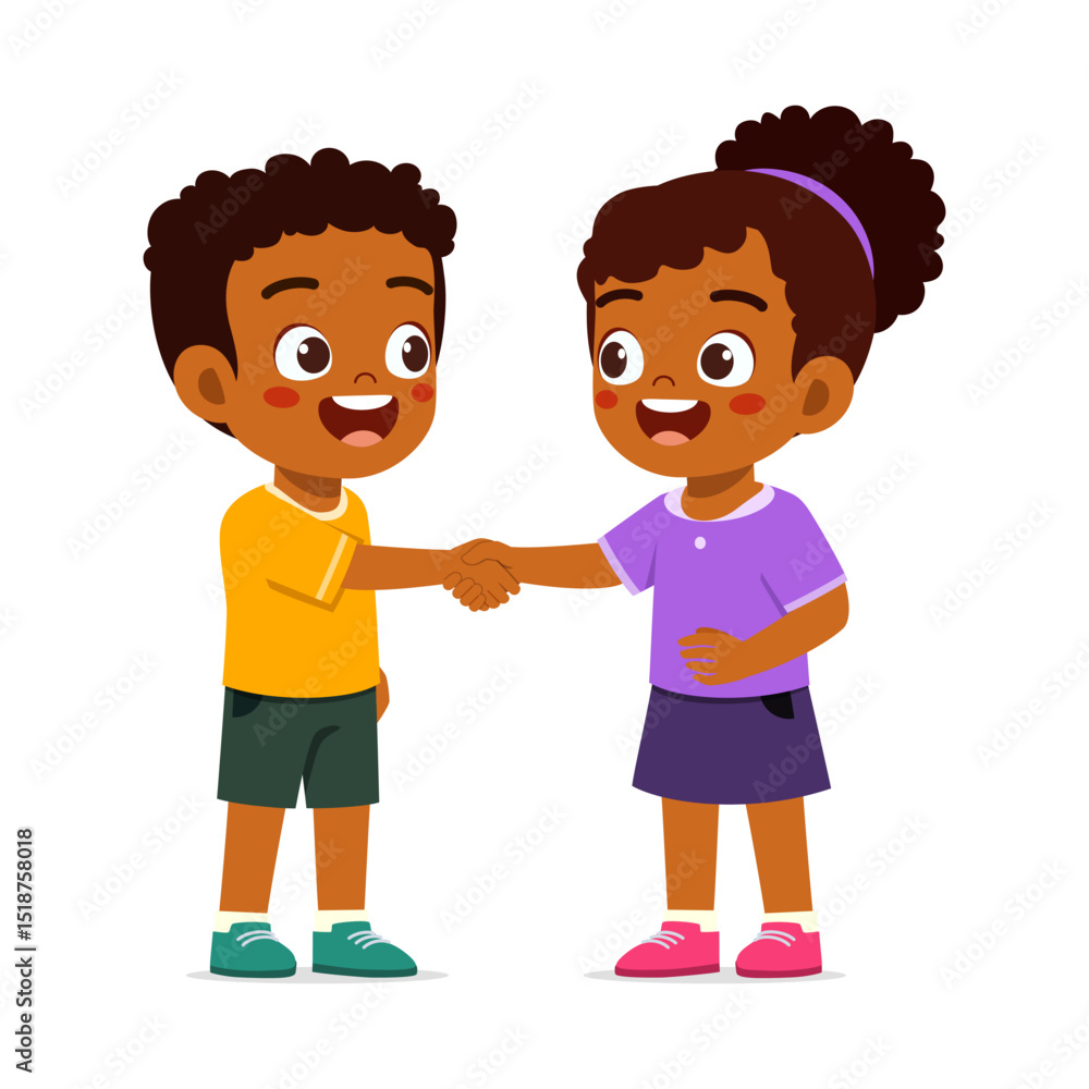 Two happy African American kids shaking hands and smiling, cartoon illustration style Two happy African American kids shaking hands and smiling, cartoon illustration style