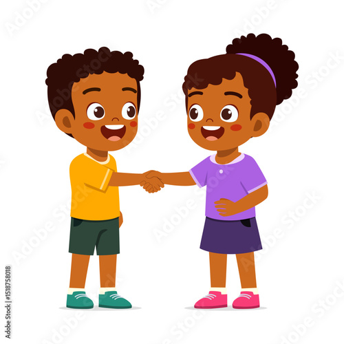 Two happy African American kids shaking hands and smiling, cartoon illustration style