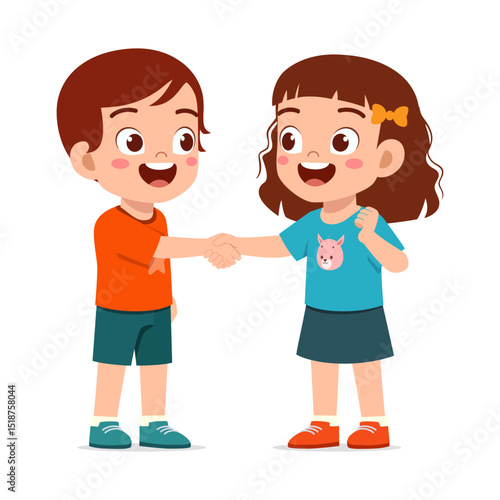 Boy and girl shaking hands, smiling with happiness, cute cartoon illustration style.