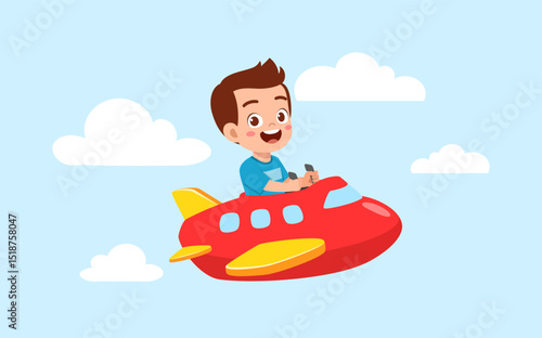 Happy Boy Flying Airplane Cartoon with Clouds in the Sky Illustration