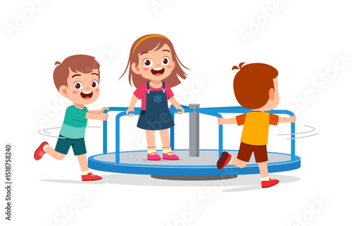 Happy children playing on a merry go round with cheerful expressions in cartoon style