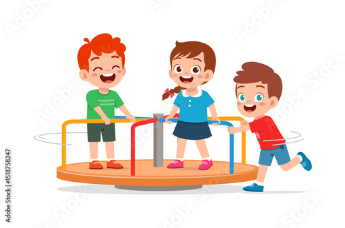 Happy Children Playing on a Merry-Go-Round with Joyful Smiles in a Playground Setting