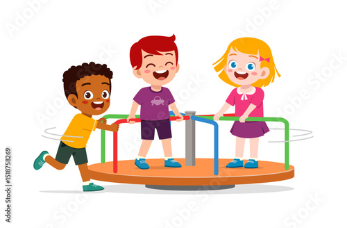Happy Children Playing on Merry Go Round, Diverse Group of Friends Having Fun