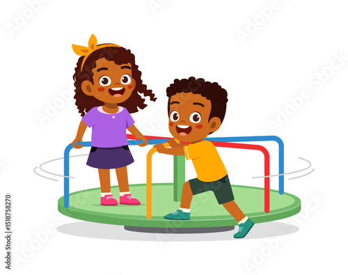 Two happy African kids playing on a merry go round with smile and joy in the playground