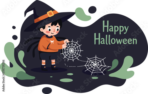 Cute little witch girl casting magic spells with cobwebs and happy Halloween text in dark background vector illustration 