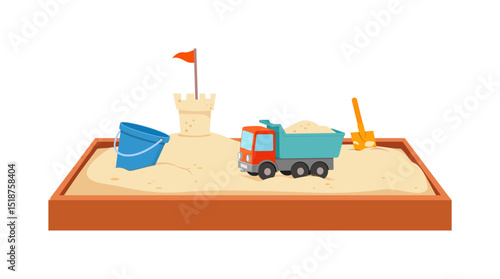 Sandbox with Sand Castle, Blue Bucket, Dump Truck and Shovel in a Play Area