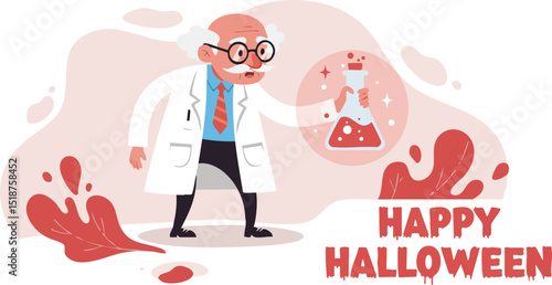 Scientist with laboratory flask celebrating Halloween with red splashes and festive message vector illustration 