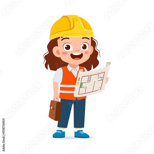 Smiling little girl architect holding blueprint and briefcase wearing yellow helmet