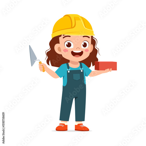 Happy Little Girl Builder Holding Brick and Trowel Wearing Hard Hat Cartoon Illustration