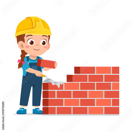 Little Girl Constructing a Brick Wall with a Trowel, Smiling Proudly, Wearing Hardhat