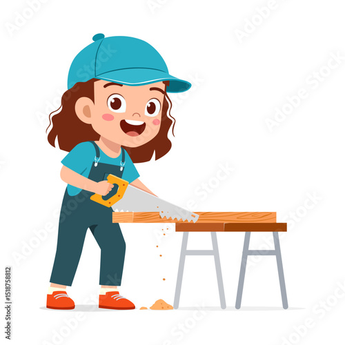 Happy Girl Sawing Wood with Table and Saw Wearing Blue Cap and Overalls in Illustration