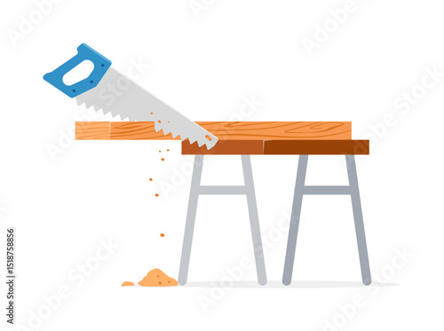 Illustration of a hand saw cutting a plank of wood on a sawhorse
