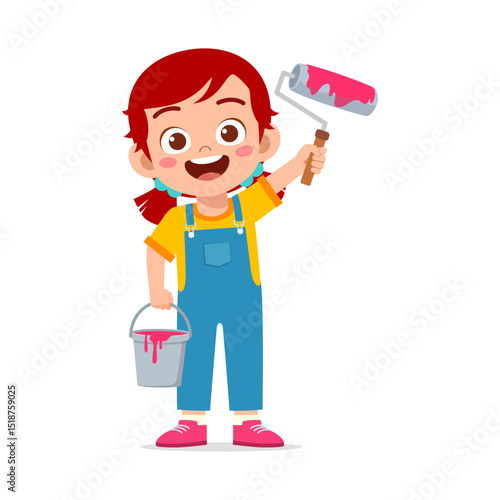 Happy Red Hair Girl Painting with Roller and Bucket, Wearing Overalls and Smiling, Cartoon Style