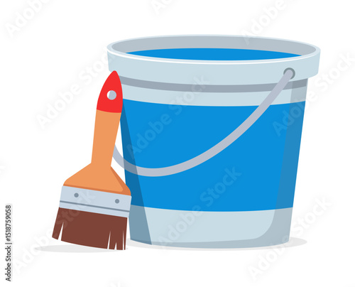 Illustration of paint bucket with blue color and brush leaning against it