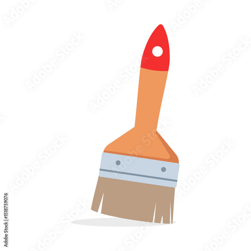 Illustration of a paint brush with a red handle and brown bristles on white background