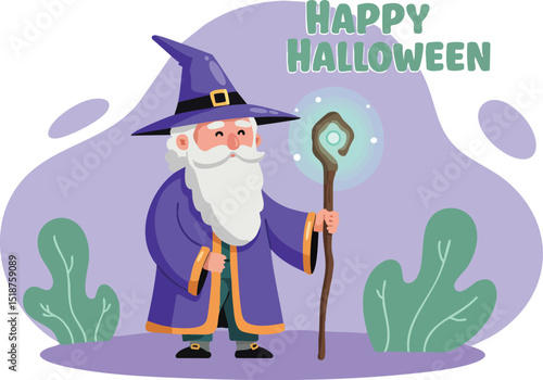 Wizard character holding glowing staff Halloween theme with happy Halloween text vector illustration 