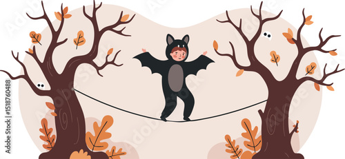 Child in bat costume walking tightrope between autumn trees in playful outdoor scene vector illustration 