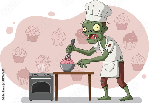 Zombie chef cooking in kitchen with pot and stove cartoon vector illustration 
