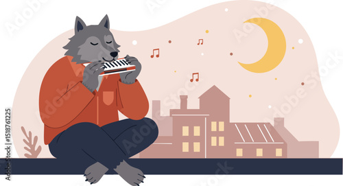 Werewolf Playing Harmonica Calmly at Night with Moon and Urban Buildings Background Vector Illustration 