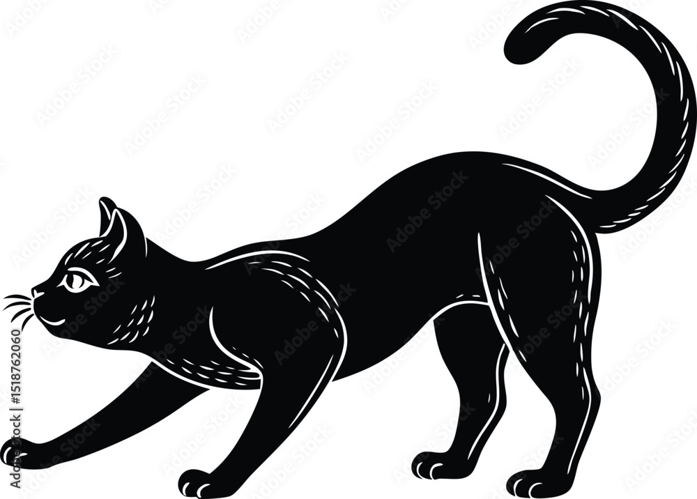 Obraz premium Black Cat Stretching Silhouette Vector Illustration
