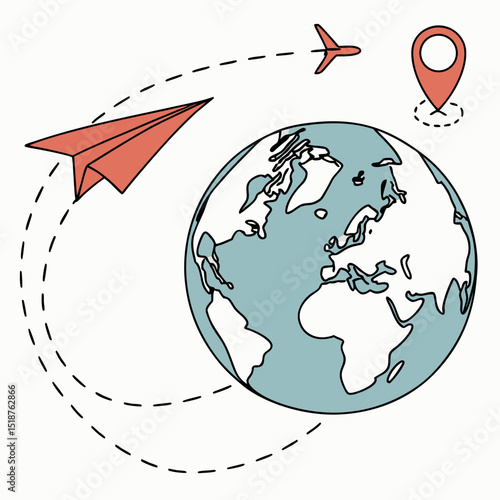 Paper plane flying around the globe, signifying travel and global reach