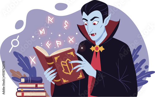 Vampire reading magical book with glowing runes and spellcasting vector illustration in dark fantasy style 
