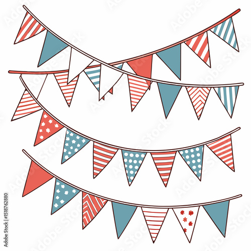 Festive bunting with various patterns in red, white, and blue