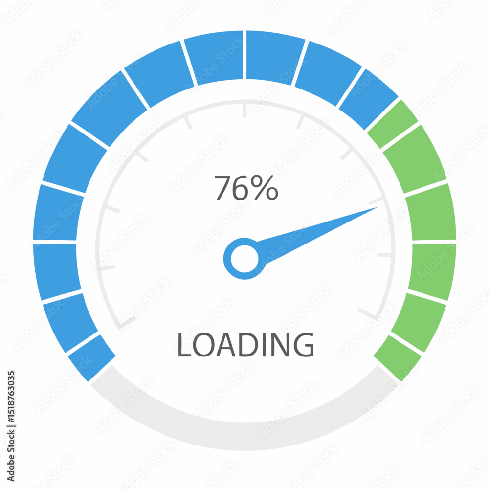 Circular gauge displaying 76% completion, segmented into blue and green sections Circular gauge displaying 76% completion, segmented into blue and green sections