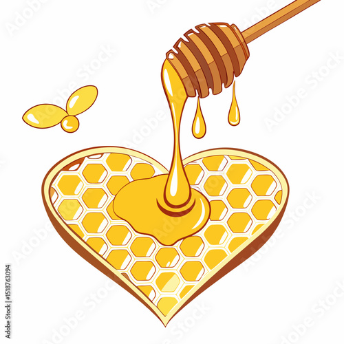 Honey dripping from a wooden dipper onto honeycomb, a stylized bee nearby