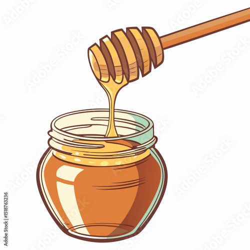 Honey dripping from a wooden dipper into a glass jar