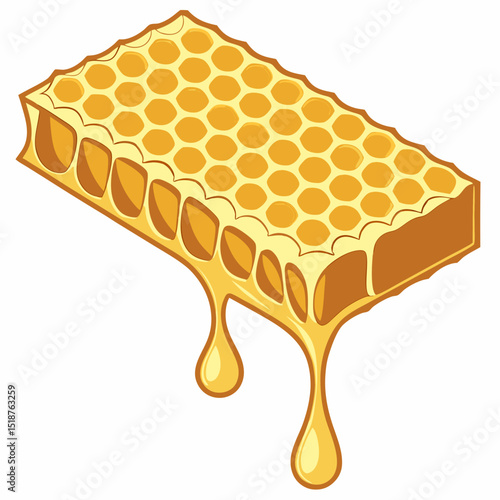 Honeycomb with dripping honey, illustrating hexagonal cells filled with golden honey