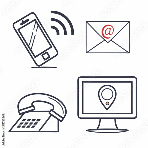 Smartphone, email, and tablet icons symbolize digital communication and online connectivity