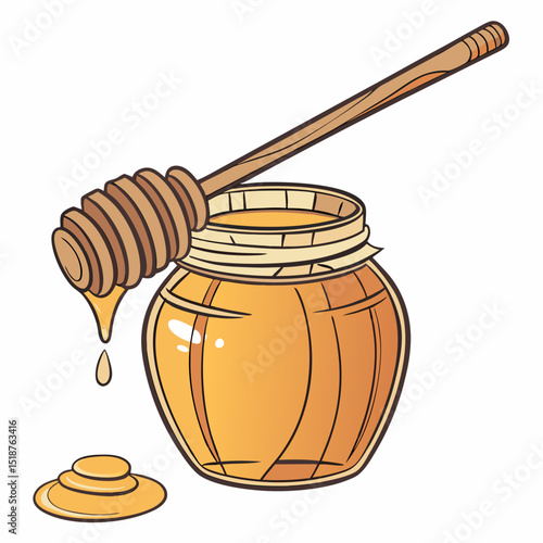Honey pot with wooden honey dipper, golden honey dripping