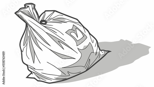 A crumpled plastic bag lies on the ground, casting a shadow.  Its texture and folds are detailed