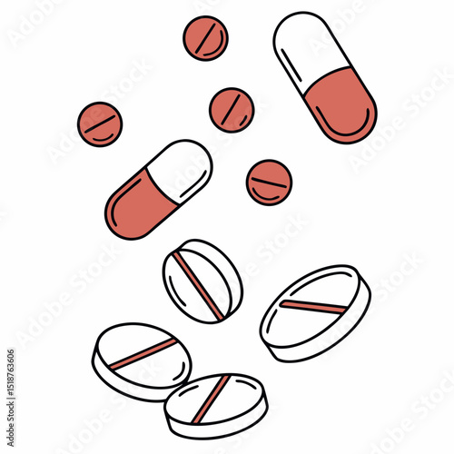 Assorted pills and capsules falling on white background