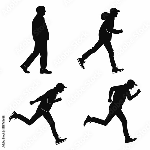 Four black silhouettes depict various walking styles, from casual strolling to a brisk pace and a person bending down