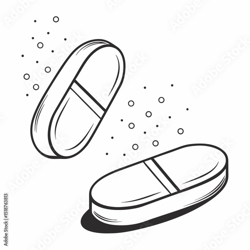 Two pills dissolving, releasing tiny particles
