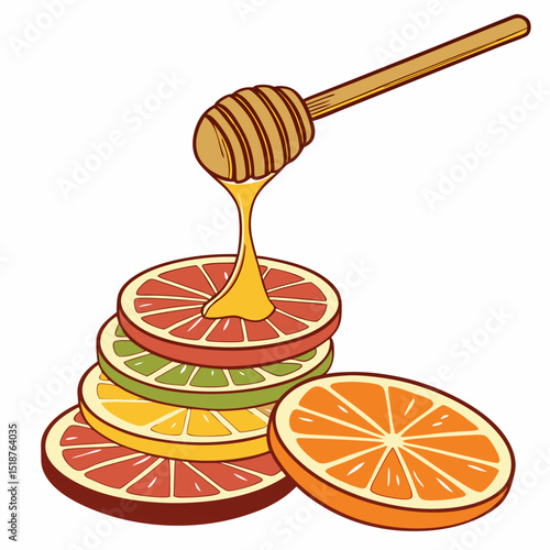 Honey dripping onto sliced citrus fruits