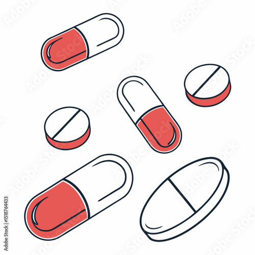 Illustration of red and white pills and capsules